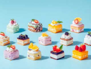 水色の背景に 美しく飾られた様々なフレーバーのプチフール