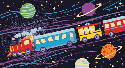 Colorful Toy Train with Carriages Traveling Through Space.