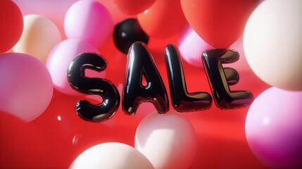 黒いSALEバルーンとカラフルな風船が浮かぶ 活気ある販売促進プロモーションのイメージ