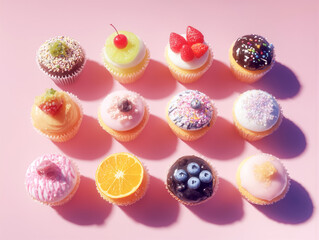 ピンクの背景に並ぶ カラフルなフルーツとトッピングのミニカップケーキ