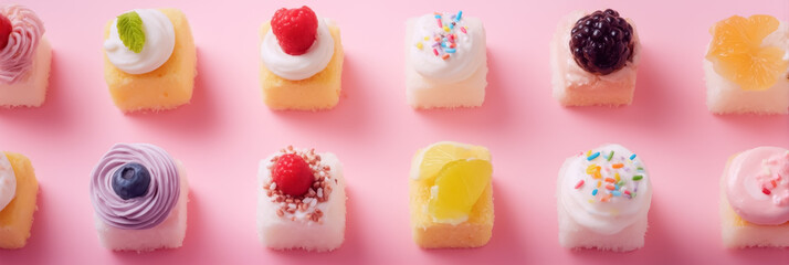 ピンクの背景に並べられた 様々なフルーツとクリームで飾られた 色とりどりのミニケーキ