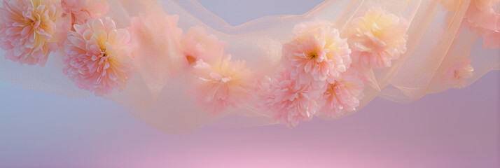 パステルカラーのグラデーション背景に浮かぶ 優雅なピンクの花と軽やかなチュールのコンポジション