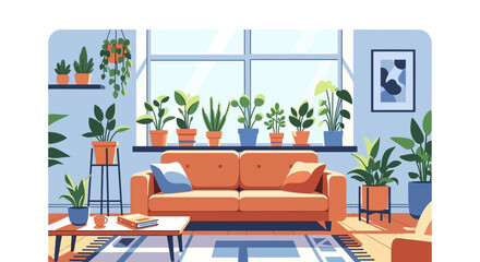 Cozy living room with an orange sofa and numerous potted plants by a large window.