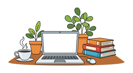 Cozy Home Office Setup with Laptop, Coffee, Books, and Plants.