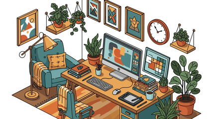 Cozy Home Office Setup with Dual Monitors and Creative Workspace.