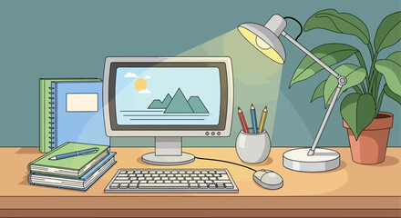 Cozy and productive workspace with computer, books, and desk lamp.