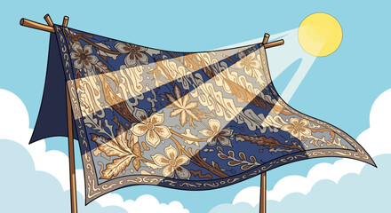 Decorative fabric with floral patterns hanging under the sun.