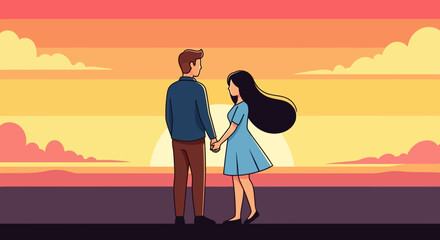 Couple holding hands watching sunset together romantic evening.
