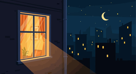 Cozy illuminated window at night in a city apartment building.