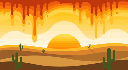 Desert Landscape with Cacti and Setting Sun.