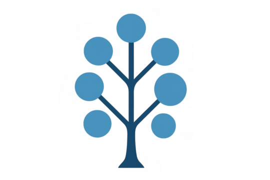 Stylized blue tree illustration representing growth, connection, life, nature, and network on transparent background