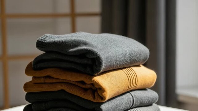 Folded sweaters showcase cozy knitwear in natural light. Soft folded sweaters stacked neatly with minimalist aesthetic, displaying autumnal colors and textured details.