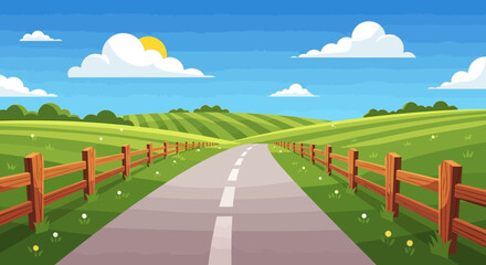 Empty asphalt road stretching through green fields on a sunny day.