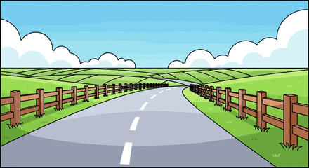 Empty country road stretching into the distance with wooden fences.