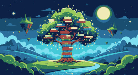 Enchanted Tree of Knowledge with Glowing Books and Magical Aura.