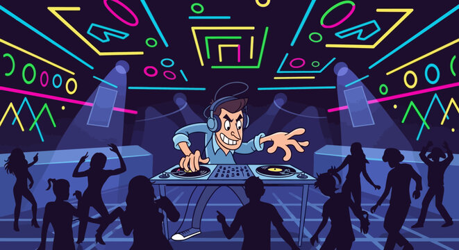 Energetic DJ mixing music at a vibrant nightclub party.