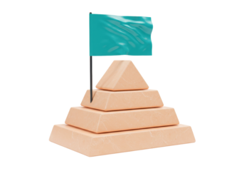 Isolated pyramid of four blocks, with a turquoise flag at the top conceptual of ambition