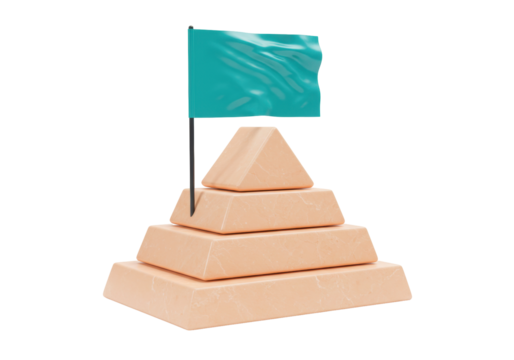 Isolated pyramid of four blocks, with a turquoise flag at the top conceptual of ambition