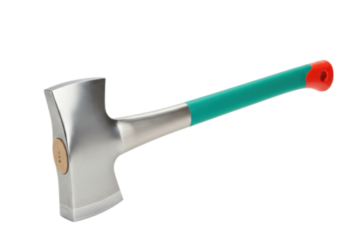 Isolated broad axe, featuring a silver head, green handle, and a striking red end cap design