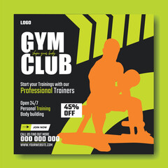 Muscular man holding dumbbell in fitness gym advertisement with green and white design and promotional offers.
Muscular man in gym with fitness promotion and discount offer for training services