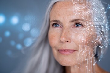 Futuristic Portrait of an Elderly Woman with Digital Circuitry Overlay.