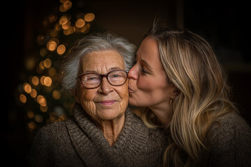 Woman kissing a senior woman. 40 years old daughter gives a kiss in the cheek to her elderly mother. Love, care and empathy, kindness and comforting.