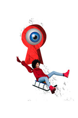 Composite artwork sketch image collage of winter holiday new year merry christmas young lady sledge down eye watch oversee snow weather