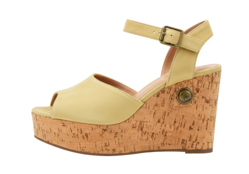 Isolated yellow wedge sandal with adjustable ankle strap, fashion footwear for warm weather