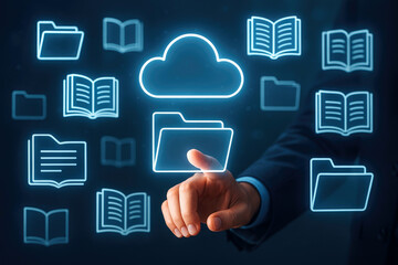 Businessman touching glowing cloud and digital document icons for data storage and online learning cloud computing