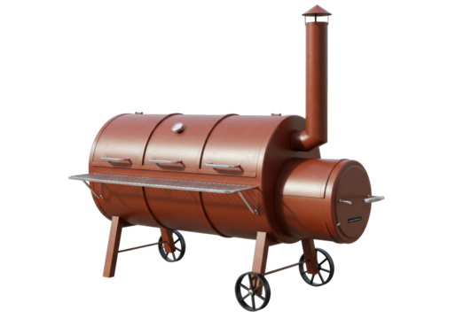 Isolated vintage-style smoker stands ready for backyard barbecues and cookouts, rust color