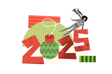 3D collage trend artwork composite sketch poster of winter spirit happy christmas december miniature young woman fly greeting ard ball