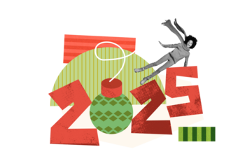 3D collage trend artwork composite sketch poster of winter spirit happy christmas december miniature young woman fly greeting ard ball