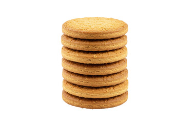 Isolated seven brown circular cookies stacked on top of each other on plain setting