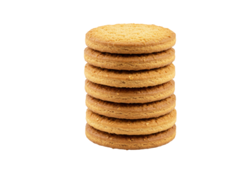 Isolated seven brown circular cookies stacked on top of each other on plain setting