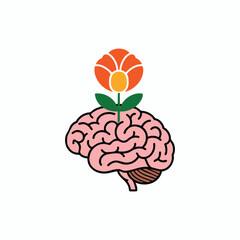 Brain with blooming flower flat vector illustration on white background