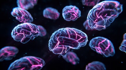 Obraz premium A stunning representation of the human brain, illuminated by neon light, floats amidst a dark, cosmic background, symbolizing the complexities of human intellect.