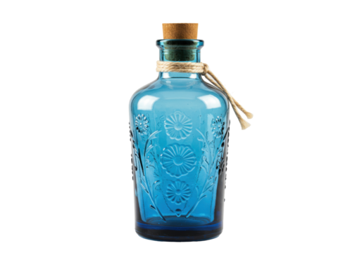 Isolated blue decorative glass bottle with cork stopper, tied with natural twine