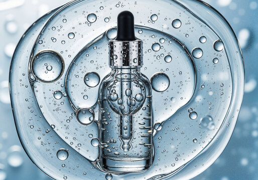 Hyaluronic acid booster serum bottle with water bubbles background