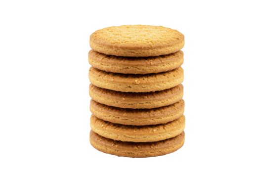 Isolated seven brown circular cookies stacked on top of each other on plain setting