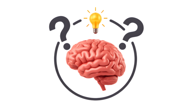 Conceptual illustration of a human brain with a glowing light bulb above representing a new idea or solution isolated on transparent background - Powered by Adobe