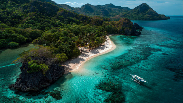 Aerial view of a secluded tropical island paradise with a white sand beach and turquoise waters - Powered by Adobe