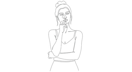 A woman contemplates with her hand on her chin in this outline drawing.