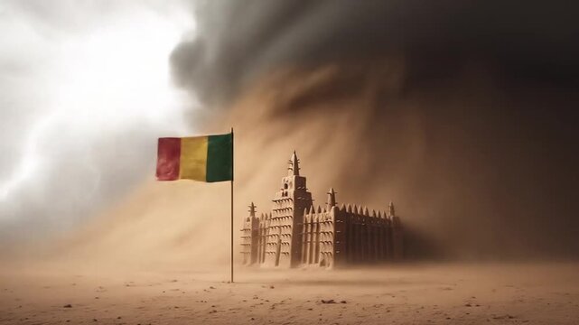 A flag waves in a sandstorm with a structure silhouetted in the background under ominous clouds