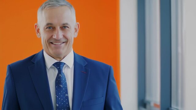 A smiling, formally dressed older man poses against an orange and white background