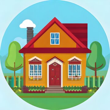 Colorful Cartoon House Illustration with Trees and Sky Background.