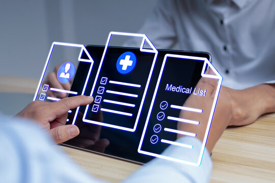 doctor hand reviewing digital health report document on mobile tablet with patient in hospital, medical data access, healthcare research management, medical and health care technology concept
