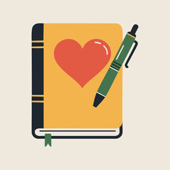 Journaling book with heart pen flat vector illustration on white background