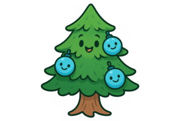 Happy cartoon christmas tree character with a friendly face, embracing the holiday season with adorable smiling blue baubles