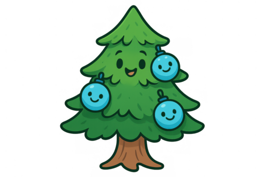 Happy cartoon christmas tree character with a friendly face, embracing the holiday season with adorable smiling blue baubles