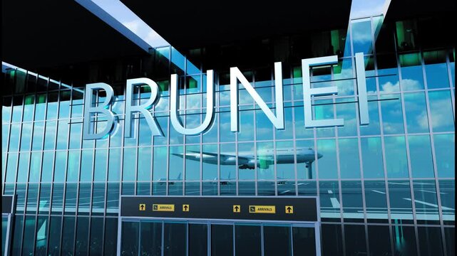 Airlane landing at Brunei. Arrival in the city with reflection of airport and aircraft